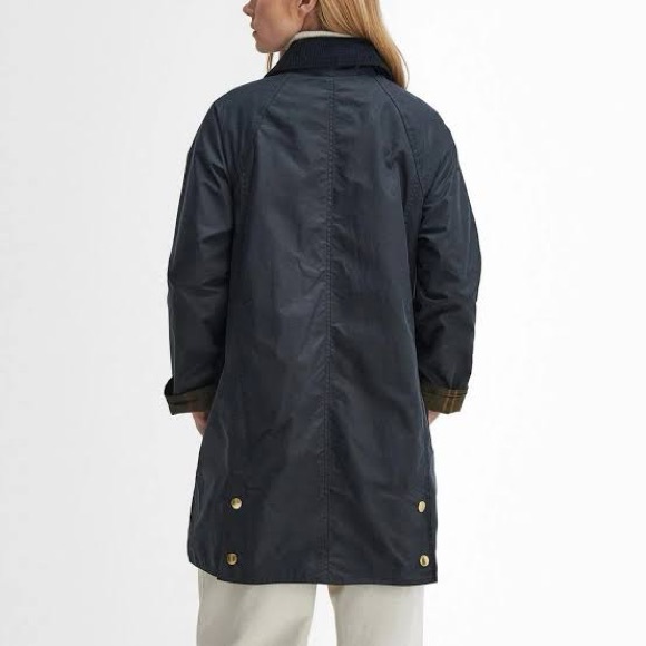 NEW! BARBOUR size 6 US Beadnell Long Wax Jacket Navy Blue Classic Tartan Gold - Picture 9 of 11